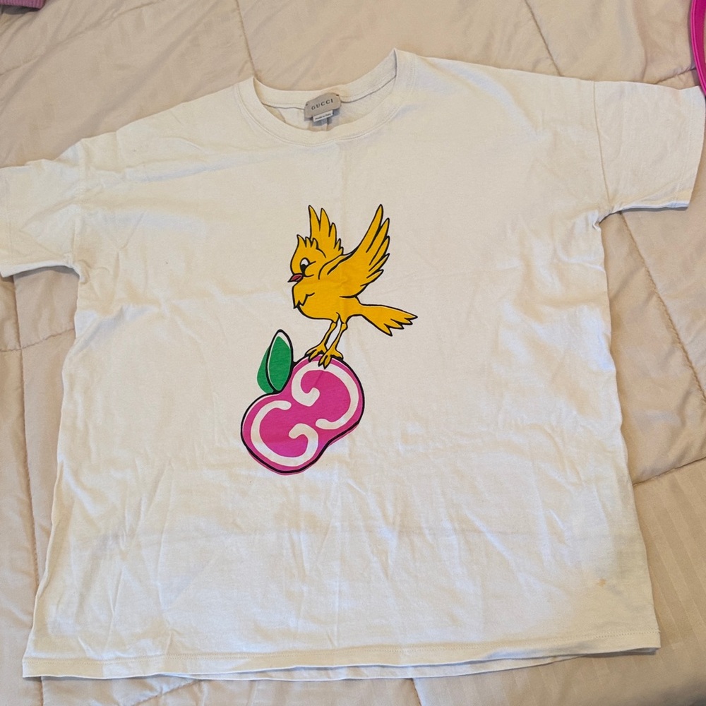 Gucci White Tee with Yellow Bird and Pink Apple